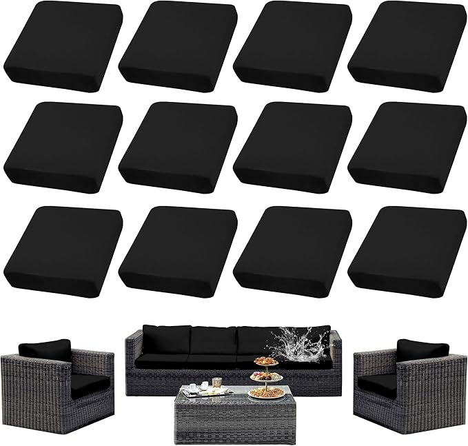 12Pcs Patio Cushion Covers Waterproof, Cushion Covers, Stretch Outdoor Couch Covers, Patio Couch Slipcovers, Patio Cushion Covers Replacement, Outdoor Chair Cushion Covers (Black)
