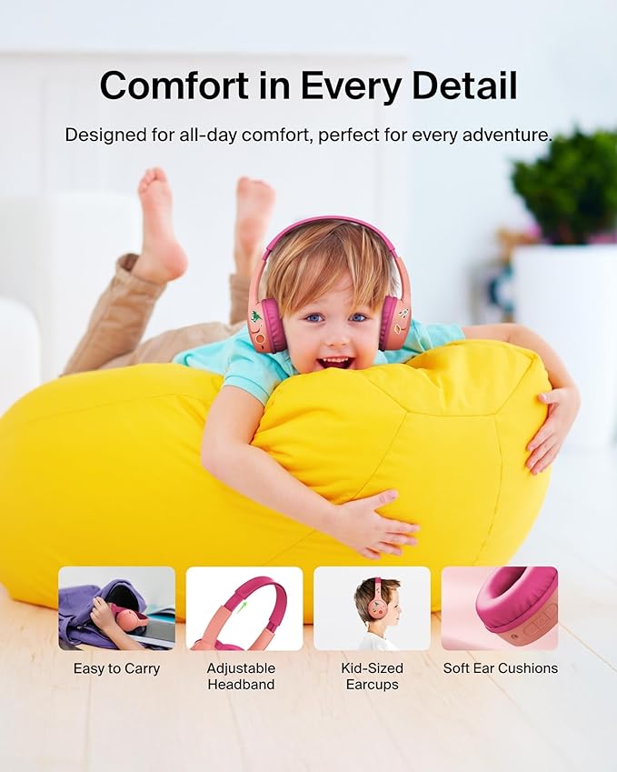 Belkin SoundForm Mini - Wireless Bluetooth Kids Headphones with 30H Battery Life, 85dB Safe Volume Limit, Built-in Microphone - Kids On-Ear Earphones for iPhone, iPad, Fire Tablet & More - Pink