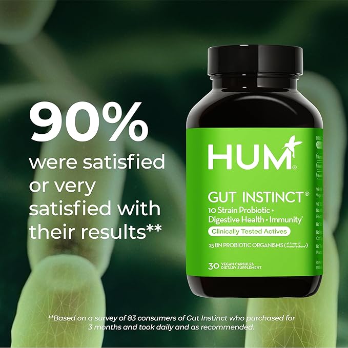 HUM Gut Instinct Daily Probiotics for Women and Men, Digestive Health, Lactobacillus, Bifidobacterium Strains for Immune Support, Probiotic Supplement for Healthy Gut Diversity, 30 Capsules