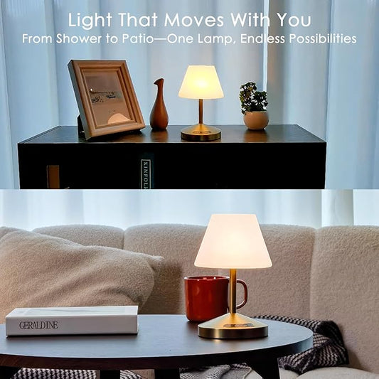 OUTON Rechargeable Cordless Waterproof Shower & Table Lamp with USB Output, Touch Dimming, 3 Colors, Power Indicator & Memory Function, LED Desk Lamp, Battery Operated Light for Indoor & Outdoor, Gold