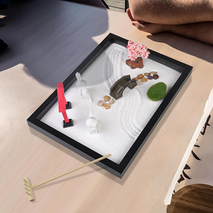 Japanese Zen Garden for Desk - Sakura Tree Samurai 12" x 8" Desktop Mini Zen Garden with White Sand Artificial Bonsai Tree Rocks Rakes & Accessories - Meditation Zen Gifts Office Decor