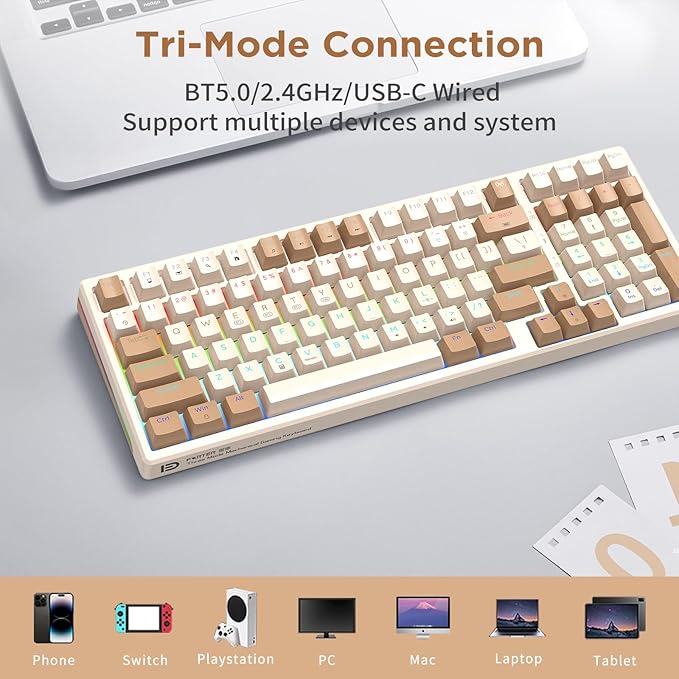 HUO JI 96% Wireless Mechanical Keyboard, Hot Swappable, Pre-lubed Blue Switches, Gasket Structure, Bluetooth/2.4GHz/USB-C, Led Backlit Sidelit, Custom Gaming Keyboard for PC (Peach)