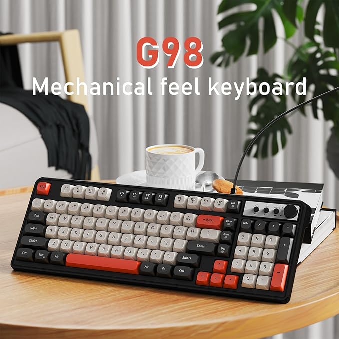 EWEADN G98 RGB Gaming Keyboard Wired, Retro Creamy Membrane Keyboards with Media Knob, Number Pad RGB Backlit, 98 Keys Quite Membrane Computer Keyboard for MAC Xbox PC Gamer -Black&White