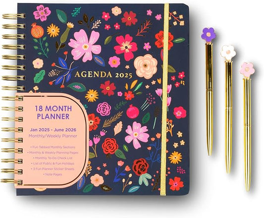 Votum 18-Month Day Large Planner, 2025-2026, Daily, Weekly & Monthly, January 2025 - June 2026, Blue Flowers - Appointment Book with 3 Sticker Sheets, Twin-Ring Binding, Notes Pages - School & Work