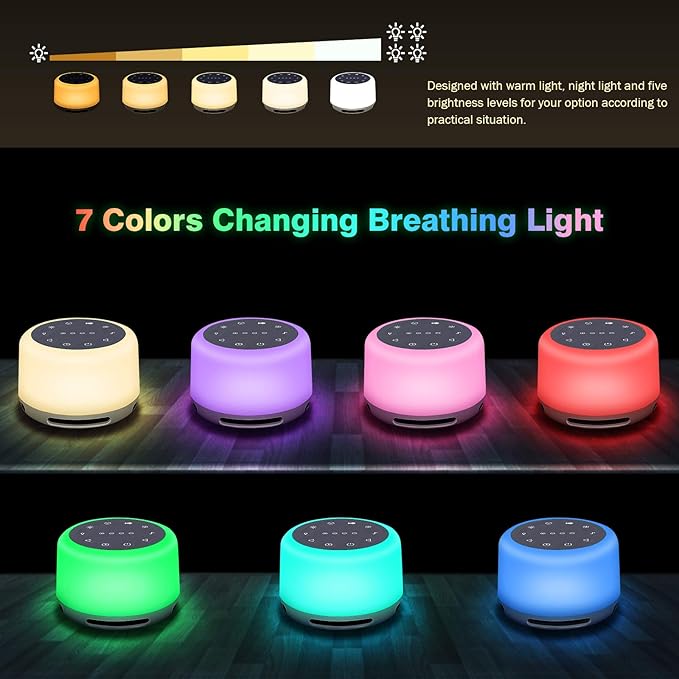 Sleep Sound Machine 24 Natural Soothing Sounds 7 Color Breathing Lights and Night Light with Timer Memory Feature Rechargeable Portable White Noise Machine for Baby Kids Adults