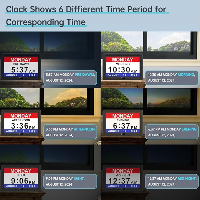 Soobest Digital Dementia Alarm Clock for Seniors Elderly, Electric Large Display Date Day of Week Time Calendar Clock 20 Reminders 3 Ringtones for Memory Loss Alzheimers, Auto DST/Dimmer, 1024*600P HD