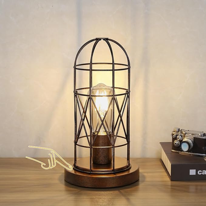 Small Touch Lamp, Industiral Bedside Table Lamps with Antique Bronze Cage, 3 Way Dimmable Nightstand Steampunk Edison Lamp for Bedroom Living Room Kitchen, LED Bulb Included