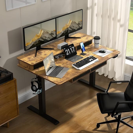 55 * 30 Inches Electric Standing Widened Desk Adjustable Height with 4 Drawers, Double Storage Shelves Stand Up Desk, Home Office Workstation Sit Stand up Desk (Rustic Brown)