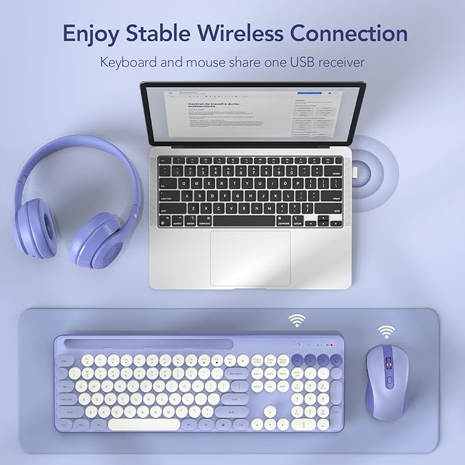 Wireless Keyboard and Mouse Combo, Retro Round Keycap Typewriter Keyboard with Phone/Tablet Holder, Cute Colorful Keyboard for Computer/Laptop/Windows by SABLUTE (Purple)