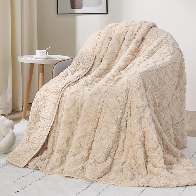 Drewin Weighted Blanket for Adults 12lbs, Soft Comfy Fleece Weighted Blankets with Doubled-Side Shaggy Sherpa, Classy Jacquard Heavy Blanket for Couch and Bed, Beige, 48 x 72 inches