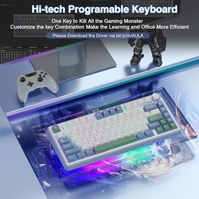 AULA F75 75% Wireless Mechanical Keyboard, Hot Swappable Creamy Keyboard, Pre-lubed Reaper Switches RGB Backlit Gaming Keyboards, 2.4GHz/Type-C/BT5.0(White & Green)