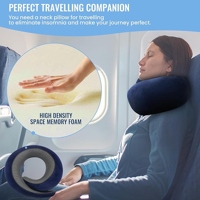 Badink® Memory Foam Neck Travel Pillow, Neck Pillow Airplane with MagicStrap – Adjustable Ergonomic Travel Pillow for Office/Airplane/Car, Washable Cover, Portable Cervical Support (darkblue)