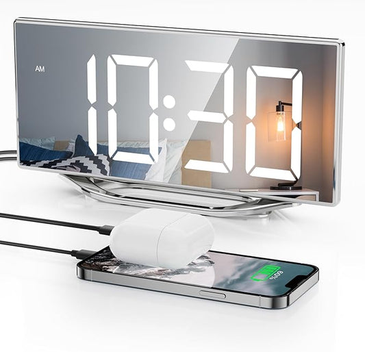Digital Clock for Living Room, Slim LED Mirror Digital Alarm Clock with 2 USB Ports, Dual Alarms, 12/24H, Large Display with Diming Mode, Modern Electronic Clock for Bedroom Home Office Desk Decor