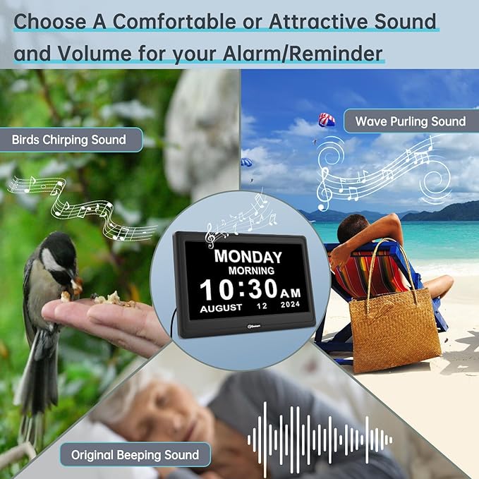 Soobest 12” Digital Dementia Clock for Seniors Elderly Extra Large with Date Day and Time Display, Electric Calendar Clock 20 Reminders 3 Ringtones for Memory Loss Alzheimers, Auto DST/Dimmer