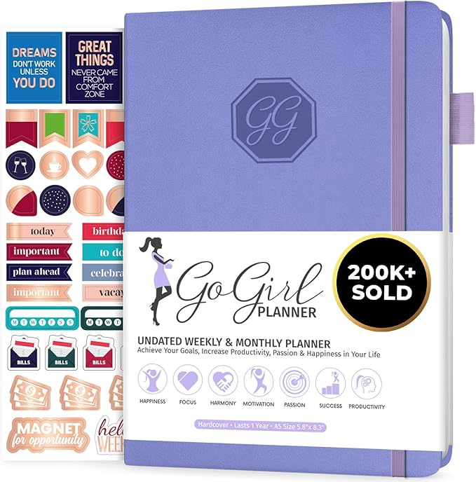 GoGirl Planner and Organizer for Women – Compact Size Weekly Planner, Goals Journal & Agenda to Improve Time Management, Productivity & Live Happier. Undated – Start Anytime, Lasts 1 Year – Lavender