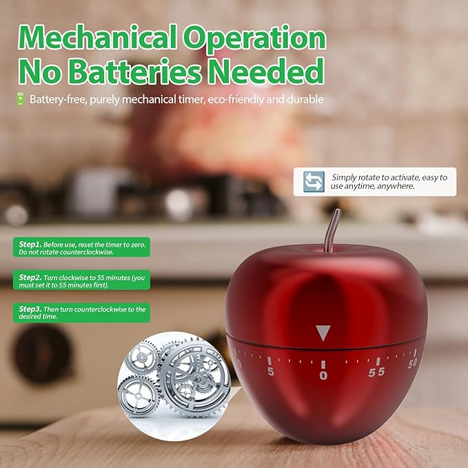 Mechanical Kitchen Timer, Cute Wind Up 60-Minute Manual Countdown for Kids, Classroom, Home, Study and Cooking