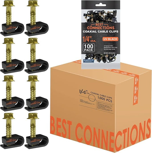 Coaxial Cable Clips with Pre-Inserted Screw (1,000 Pack) – Black Single Cable Mounting Clamps for Coax Cable (RG6, RG59) and Ethernet Cable – Cord Fastener/Strain Relief Clip