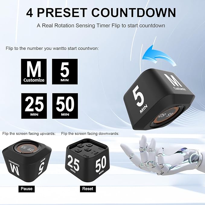 Rotating Cube Visual Timer 5, 25, 10, 50 Min Preset + Custom Countdown, Rechargeable Desk Productivity Flip Timer w/Silicone Case, Silent Mode, Ideal for ADHD Tool Study Work School (Black)
