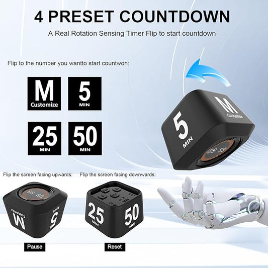 Rotating Cube Visual Timer 5, 25, 10, 50 Min Preset + Custom Countdown, Rechargeable Desk Productivity Flip Timer w/Silicone Case, Silent Mode, Ideal for ADHD Tool Study Work School (Black)