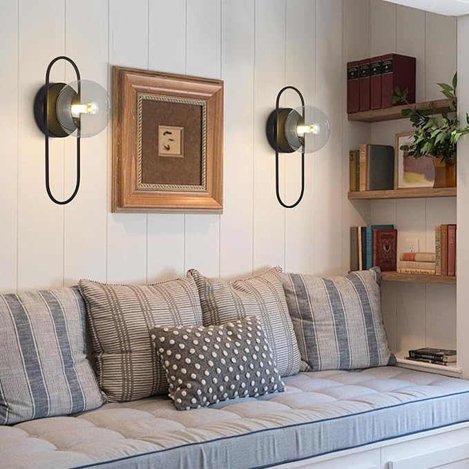Mid Century Globe Wall Sconce Modern Indoor Sconces Wall Lighting Black Bathroom Sconces Set of 2 Bubble Glass Vanity Light Vintage Bedroom Wall Sconces (2 Pack)