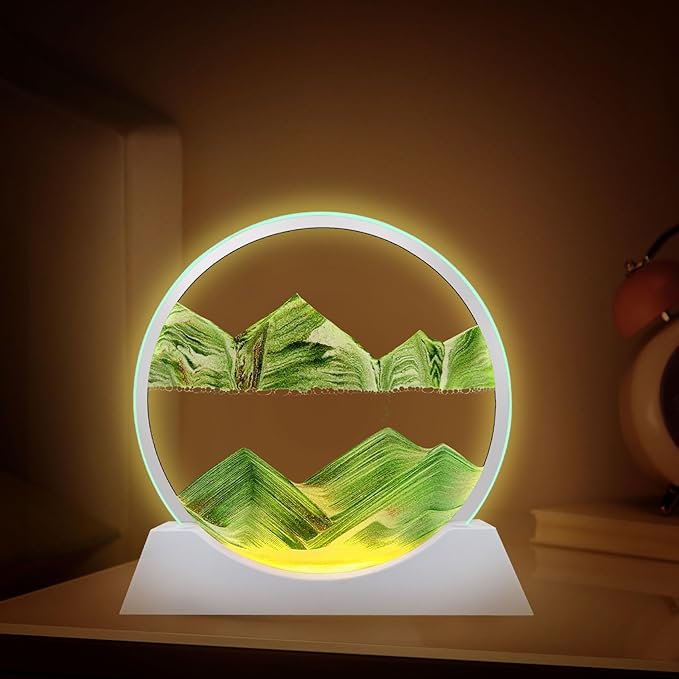 Aoderun 12" Moving Sand Art Liquid Motion with Light 3 Color Changing Moving Sand Art Picture Round Glass 3D Deep Sea Sand Art Sandscapes for Adult Relaxing Toys Desktop Home Office(Green)