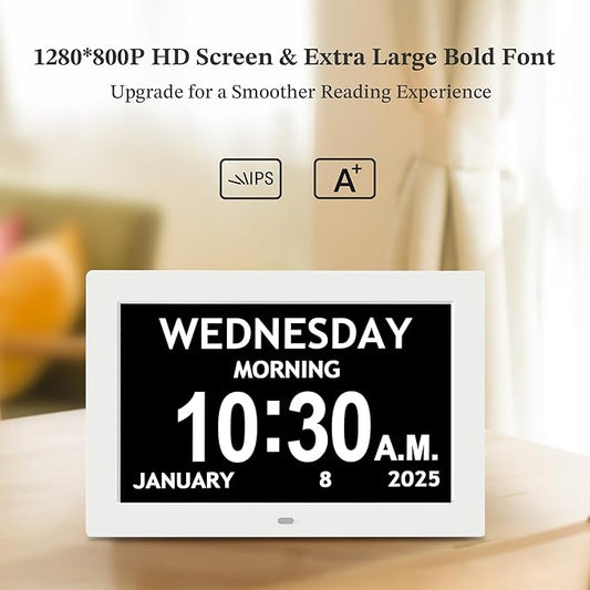 10.1'' Digital Clock, 1280*800p HD Extra Large Display, Dementia Clock For Seniors, 10 Reminders & 6 Alarms, Auto Dimming & DST, Remote Control, Digital Clock With Date, Time, Day Of Week, White
