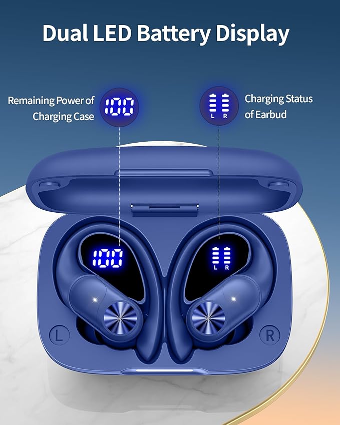 PocBuds Bluetooth Headphones Wireless Earbuds 80hrs Playtime Wireless Charging Case Digital Display Sports Ear Buds with Earhook Deep Bass IPX7 Waterproof Over-Ear Earphones for TV Phone Laptop Navy