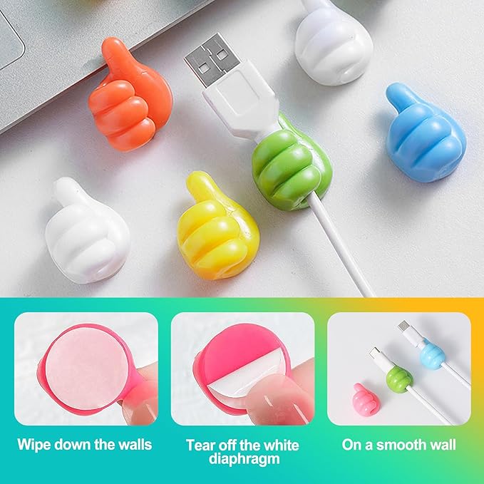 32 Pack Creative Thumbs Up Wall Hooks, Self-Adhesive Silicone Thumb Holders for Desk, Cute & Fun Cord Cable Clips, Multi-Function Wire Organizer for Keys, Pencils, Charging Cables