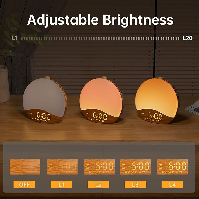 Sunrise Alarm Clock White Noise Sound Machine with 26 Soothing Sounds, 17 NightLights, Bluetooth Speaker, Wake Up Light Alarm Clock for Bedrooms, Heavy Sleepers, Ideal Gift for Baby, Kids, Seniors