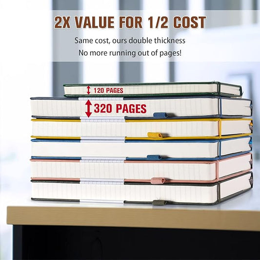 5 Pack College Ruled Notebook, 312 Numbered Pages Thick Notebooks Bulk, 100gsm No Bleed Paper Hardcover Leather Journal, Lined Journal Notebook Set for Women Men School Office, A5, Brown