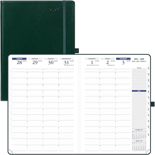 POPRUN 2026 Weekly Planner (A4 Size-8.25'' x 11.75''), 15-Minute Appointment Book (Jan 2026-Dec 2026) with Monthly Tabs, Inner Pockets, Pen Holder, PU Leather Softcover, 100GSM - Dark Green