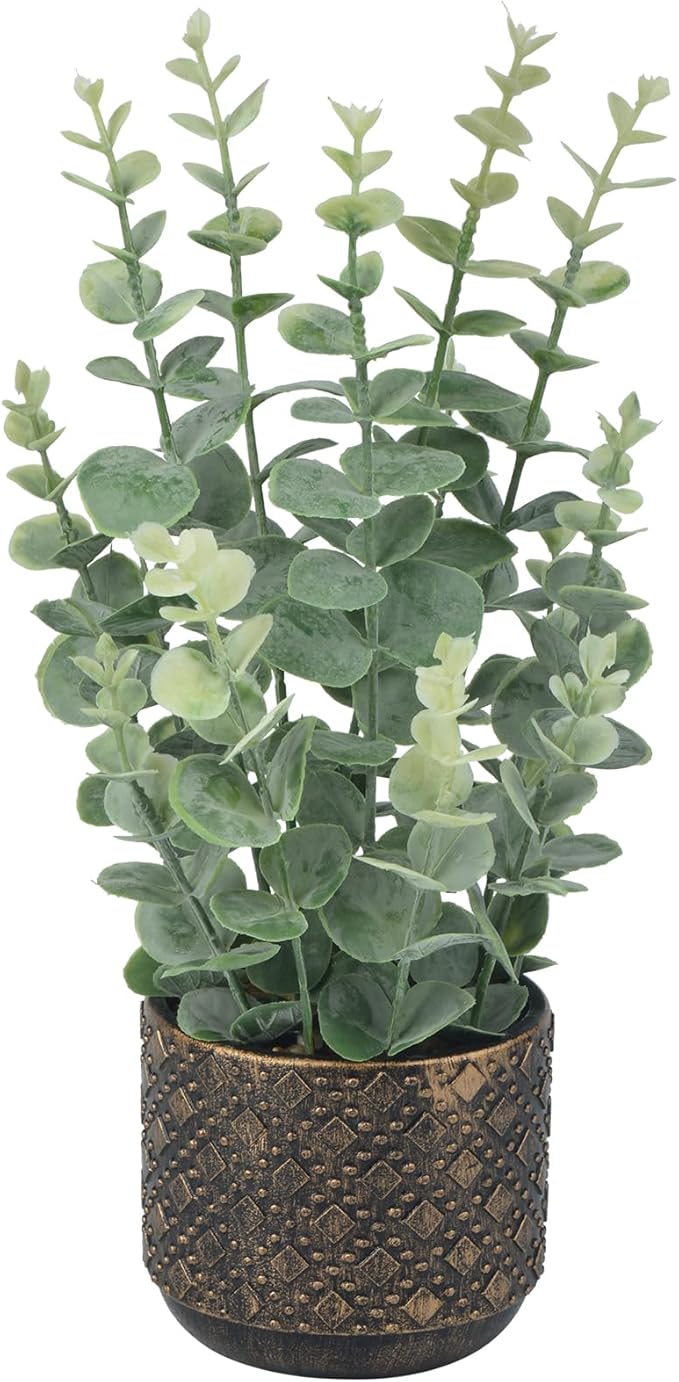 Artificial Plants Indoor Small, Mini Fake Potted Plants Faux Greenery for Shelf, Table, Bathroom and Kitchen Decor - Desk Plants for Office and Home Decoration (Eucalyptus Leaf)