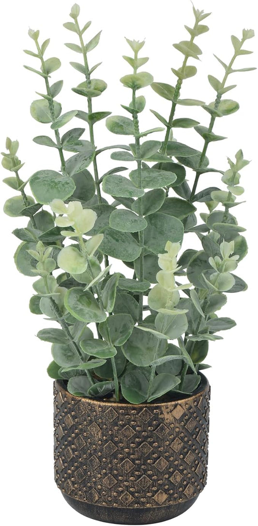 Artificial Plants Indoor Small, Mini Fake Potted Plants Faux Greenery for Shelf, Table, Bathroom and Kitchen Decor - Desk Plants for Office and Home Decoration (Eucalyptus Leaf)