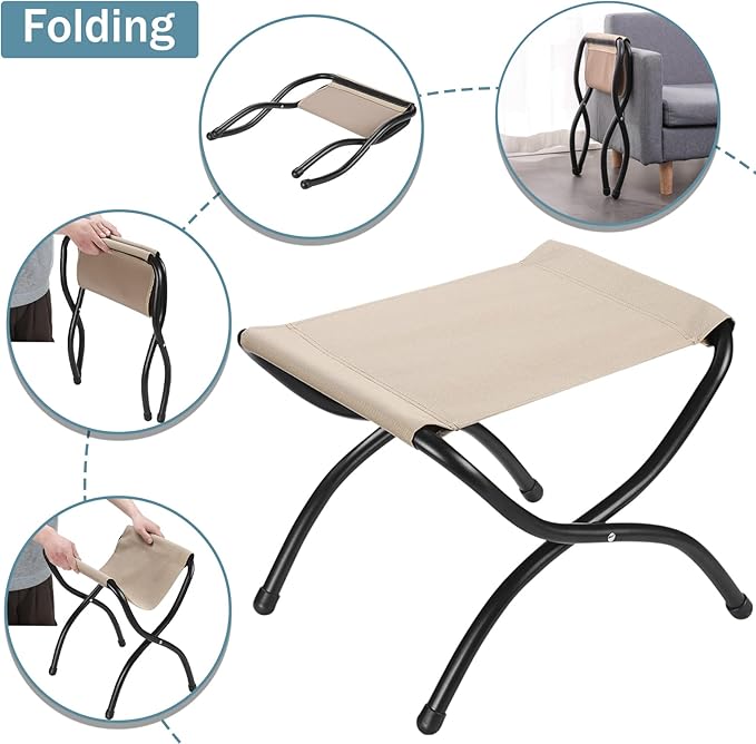 15" Foldable Foot Stool Ottoman with Metal Frame - Washable Blue Upholstered Indoor/Outdoor Footrest for Living Room, Bedroom, Patio - Space-Saving Compact Design