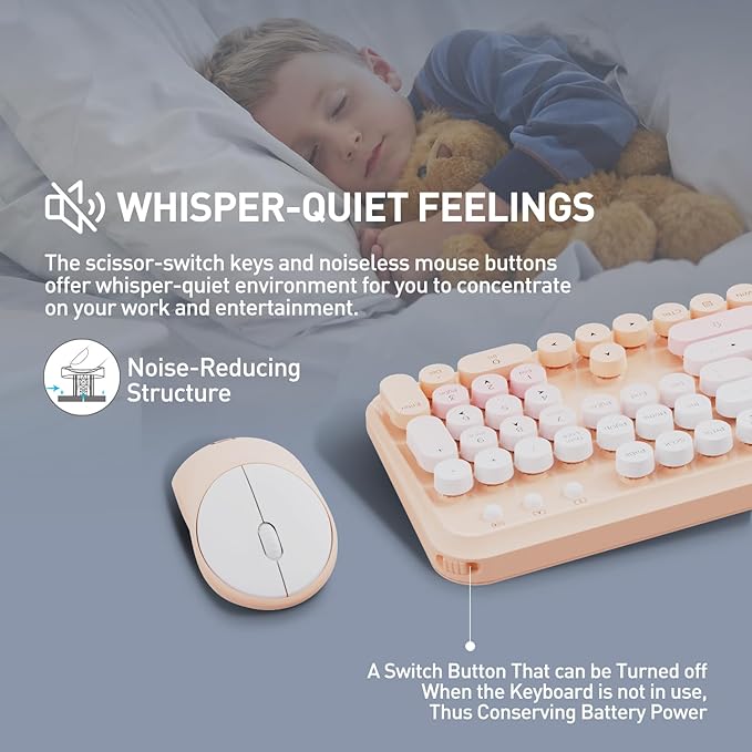 Wireless Keyboards Mouse Combos, Colorful Cute Typewriter Full-Size Retro Round Keycaps, 2.4GHz Cordless Sleep Mode Office Quiet Wireless Keyboard and Mouse Set for Desktop Laptop PC Computer