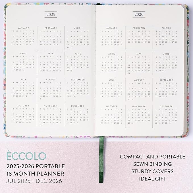 2025-2026 Eccolo 18 Month Bound Planner, Monthly & Weekly Pages (5.25 x 7.75" - July 2025 - Dec 2026 - Flower Garden)
