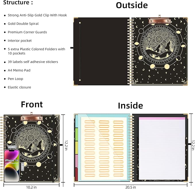 Ospelelf Clipboard with Storage 8.5 X 11，Padfolio Organizer, Spiral Portfolio Letter Size with Notepad, Pen Holder, 5 Extra Folder Divider Pages, Elastic Closure Nurse Office Essentials (Moon)