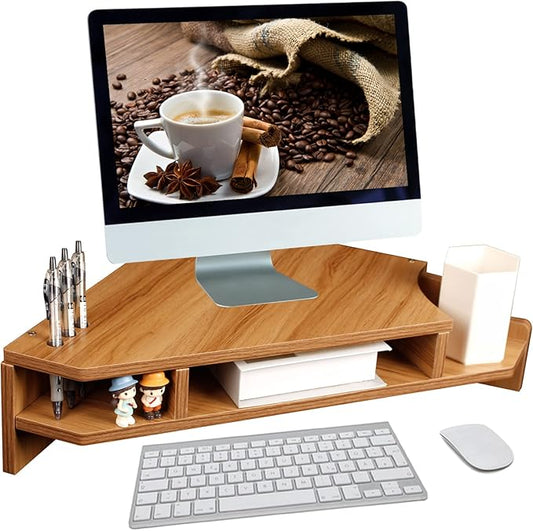 Triangle Monitor Stand Riser, Wooden Triangle Desktop Computer Stand with Office Organization, Walnut Color