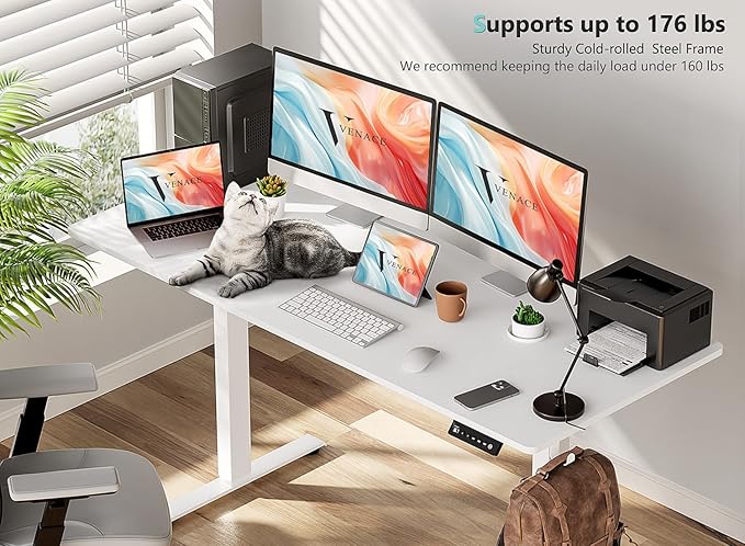 55 x 24 inch Electric Standing Desk Adjustable Height with 4 Wheels, 4 Memory Height Settings, 2 Headphone Hook, for Home Office, Splice Board White