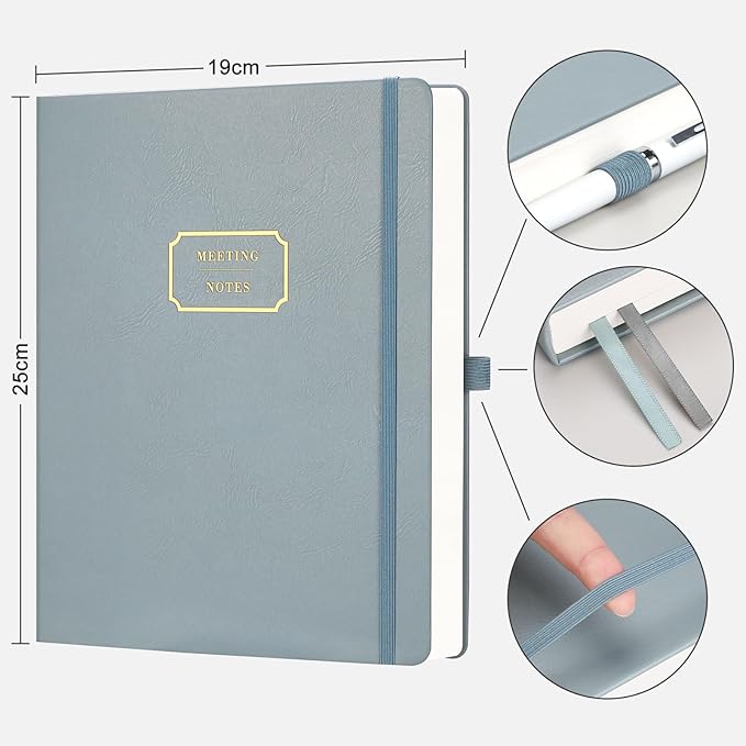 EMSHOI Meeting Notebook for Work with Action Items - 320 Pages B5 Thick Project Planner Agenda Organizer Work Notebook for Women Men Office Business, PU Leather Hardcover, 7.5" x 10", Gray Blue