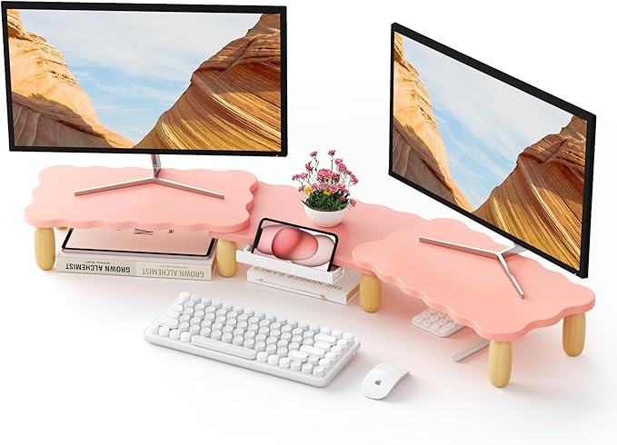 Dual Monitor Riser - Cookie-Shaped Adjustable Length & Swivel Angle, Wooden Desktop Organizer for 2 Monitors, Stand With Drawer for Laptop, PC, Computer, Printer, Pink