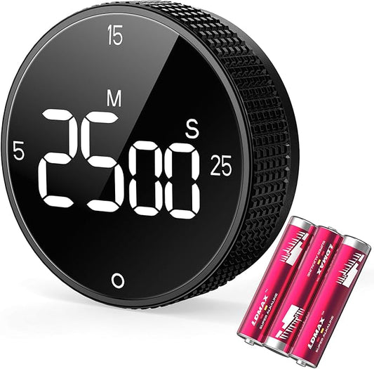 Magnetic Kitchen Timer for Cooking with Loud Alarm - [AAA Battery Included & Large LED Display] Countdown/Countup Rotating Pomodoro Timer, Visual Digital Timers for Classroom Gym
