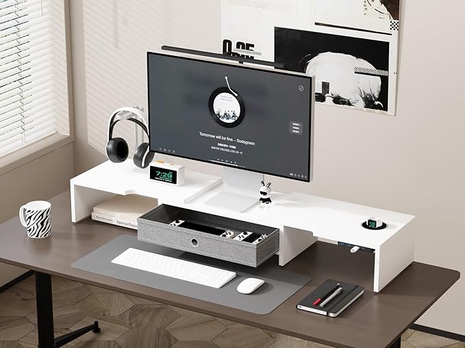 Monitor Stand with Drawer, Dual Monitor Stand Riser with Adjustable Length and Angle, Computer Stand, Desk Organizer for PC Monitor/Laptop/MacBook