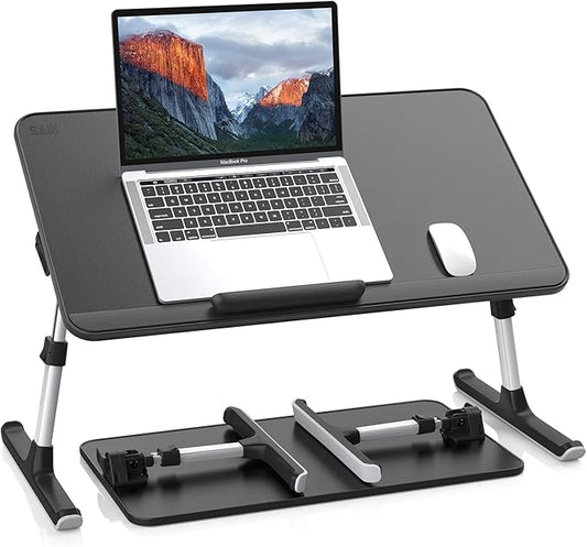 SAIJI PU Leather Laptop Bed Tray Table, Adjustable Laptop Stand with Removable Stopper, Portable Lap Desks with Foldable Legs, Notebook Stand Breakfast Reading Desk for Sofa Couch(Large, Black)