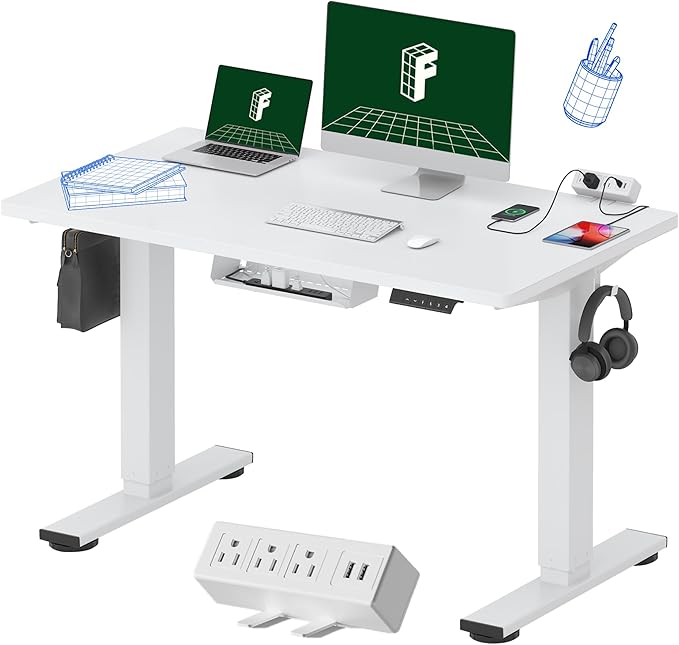 FLEXISPOT EN2 Whole-Piece Standing Desk with Clamp Power Strip, 48x24 Electric Stand Up Height Adjustable Desk with Cable Management (White Frame + 48" White Top)