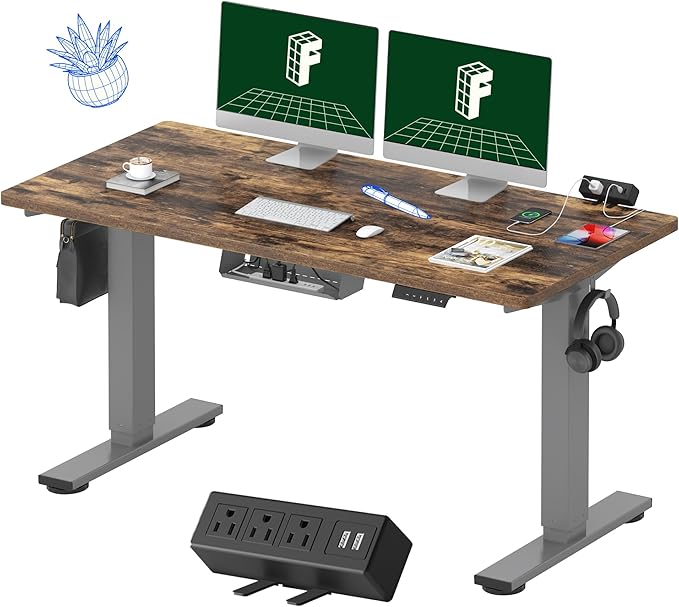FLEXISPOT EN2 Whole-Piece Standing Desk with Clamp Power Strip, 55 x 28 Electric Stand Up Height Adjustable Desk with Cable Management (Gray Frame + 55" Rustic Brown Desktop, 2 Packages)