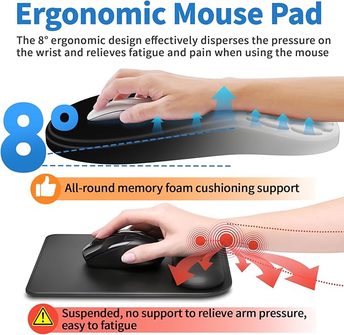 Ergonomic Mouse Pad with Wrist Rest Support, Mousepad with Comfortable Memory Foam Wrist Rest and Non-Slip PU Base for Pain Relief, Computer, Laptop, Office, Home (Gradient Black)