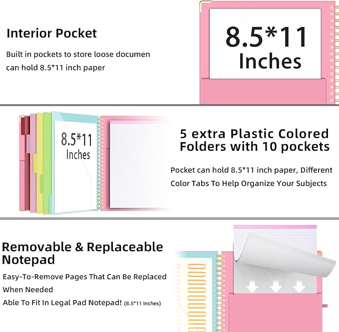 Ospelelf Clipboard with Storage 8.5 X 11，Padfolio Organizer, Spiral Portfolio Letter Size with Notepad, Pen Holder, 5 Extra Folder Divider Pages, Elastic Closure Nurse Office Essentials (Pink)