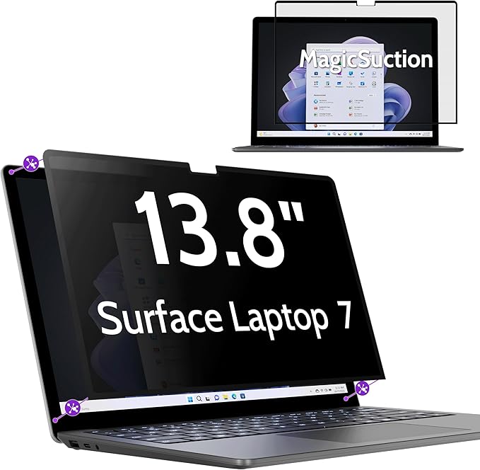 Privacy Screen for 13.8 Inch Surface Laptop 7, MagicSuction™ Removable Anti Spy Black Protector, Glare Blue Light Filter for Microsoft Laptop Computer Monitor