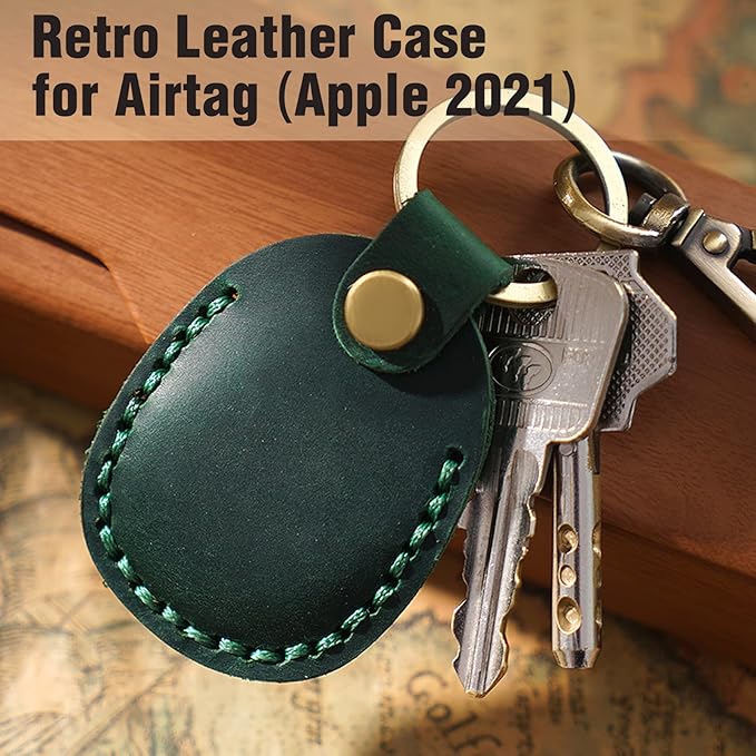Genuine Leather Airtag Holder, Portable Air Tag Keychain with Key Rings Full Coverage Air Tags Hidden Case Cover Compatible for AirTags Green